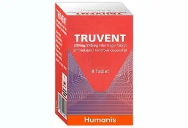 Tenofovir disoproksil + emtrisitabin içeren film kaplı tablet: TRUVENT 200 MG/245 MG FILM KAPLI TABLET (4 TABLET) kutusu. Üretici: HUMANİS SAĞLIK ANONİM ŞİRKETİ.