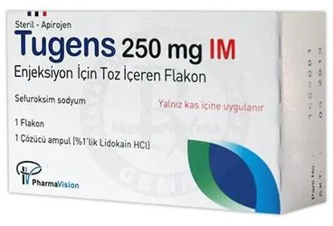Sefuroksim içeren flakon: TUGENS 250 MG IM ENJEKSIYON ICIN TOZ ICEREN FLAKON ambalajı. Üretici: PHARMAVİSİON SAN. VE TİC. A.Ş.