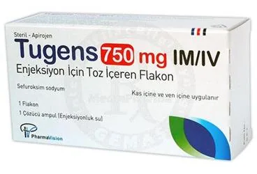 TUGENS 750 MG IM/IV ENJEKSIYON ICIN TOZ ICEREN 1 FLAKON (sefuroksim) ürün ambalajı, flakon. Üretici: PHARMAVİSİON SAN. VE TİC. A.Ş.