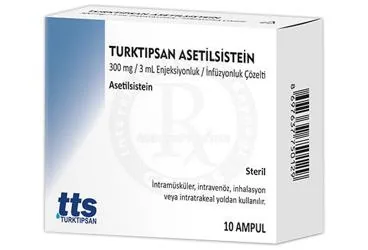 TURKTIPSAN ASETILSISTEIN 300 MG / 3 ML ENJEKSIYONLUK / INFUZYONLUK COZELTI (10 AMPUL) ürün ambalajı, çözelti formunda asetilsistein içerir. Üretici: TURKTIPSAN SAĞLIK TURİZM EĞİTİM VE TİCARET A.Ş.