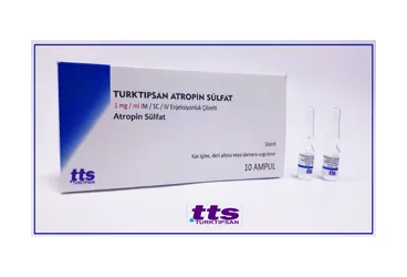 TURKTIPSAN ATROPIN SULFAT 1 MG / ML IM / SC / IV ENJEKSIYONLUK COZELTI kutusu. Atropin içeren çözelti. Üretici: TURKTIPSAN SAĞLIK TURİZM EĞİTİM VE TİCARET A.Ş.