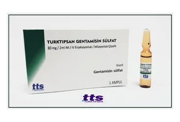 TURKTIPSAN GENTAMİSİN SÜLFAT 80 MG/2ML IM/IV ENJEKSİYONLUK/İNFÜZYONLUK ÇÖZELTİ, 50 ADET kutusu, çözelti formunda gentamisin sülfat içerir. Üretici: TURKTIPSAN SAĞLIK TURİZM EĞİTİM VE TİC. A.Ş.