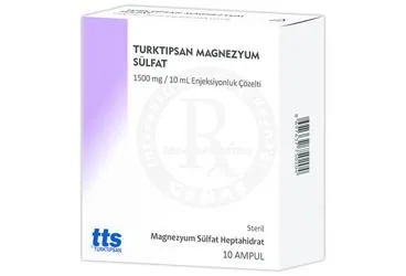 TURKTIPSAN MAGNEZYUM SULFAT 1500 MG/10 ML ENJEKSIYONLUK COZELTI (10 AMPUL) kutu fotoğrafı, çözelti formunda magnezyum içerir. Üretici: TURKTIPSAN SAĞLIK TURİZM EĞİTİM VE TİCARET A.Ş.