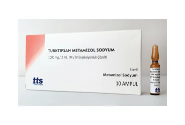 Metamizol sodyum içeren çözelti: TURKTIPSAN METAMIZOL SODYUM 1000 MG/2 ML IM/IV ENJEKSIYONLUK COZELTI (10 AMPUL) ambalajı. Üretici: TURKTIPSAN SAĞLIK TURİZM EĞİTİM VE TİCARET A.Ş.