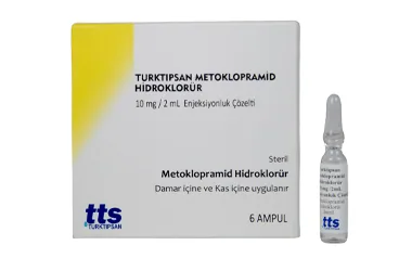 TURKTIPSAN METOKLOPRAMID HIDROKLORUR 10 MG/2 ML ENJEKSIYONLUK COZELTI (6 AMPUL) ürün ambalajı. Metoklopramid içeren çözelti. Üretici: TURKTIPSAN SAĞLIK TURİZM EĞİTİM VE TİCARET A.Ş.