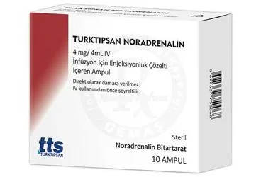 TURKTIPSAN NORADRENALIN 4 MG/4 ML IV INFUZYON ICIN ENJEKSIYONLUK COZELTI ICEREN AMPUL ürün ambalajı. Noradrenalin içeren çözelti. Üretici: TURKTIPSAN SAĞLIK TURİZM EĞİTİM VE TİCARET A.Ş.