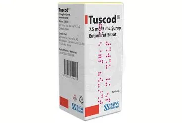 TUSCOD 7,5 MG/5 ML SURUP 100 ML (butamirat sitrat) ambalajı, şurup. Üretici: ŞİFA KİMYA İLAÇ SANAYİ VE TİCARET ANONİM ŞİRKETİ.