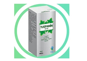 TUSPAMIN SURUP 100 ML kutusu. Hedera helicis folium ekstresi içeren şurup. Üretici: VEFA İLAÇ SANAYİ VE TİCARET ANONİM ŞİRKETİ.