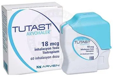 Tiotropium bromür monohidrat içeren inhalasyon aerosolü: TUTAST ARVOHALER 18 MCG INHALASYON TOZU (60 INHALASYON DOZU, 1 INHALASYON CIHAZI) kutu fotoğrafı. Üretici: MONTERO İLAÇ VE GIDA SANAYİ TİCARET ANONİM ŞİRKETİ.