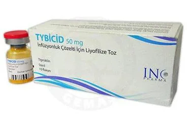 TYBICID 50 MG INFUZYONLUK COZELTI ICIN LIYOFILIZE TOZ (10 ADET) ambalajı. Tigesiklin içeren çözelti. Üretici: INCPHARMA İLAÇ SAN. VE TİC. LTD. ŞTİ.