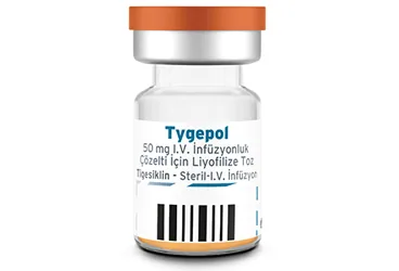 Tigesiklin içeren çözelti: TYGEPOL 50 MG I.V. INFUZYONLUK COZELTI ICIN LIYOFILIZE TOZ (10 FLAKON) ürün ambalajı. Üretici: POLİFARMA İLAÇ SAN. VE TİC. A.Ş.