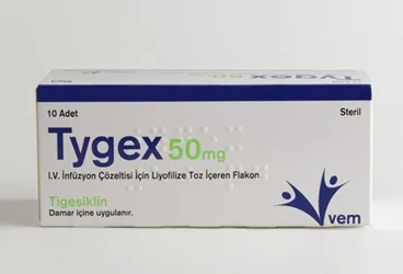 TYGEX 50 MG IV INFUZYON ICIN LIYOFILIZE TOZ ICEREN 10 FLAKON (tigesiklin) ambalajı, flakon. Üretici: VEM İLAÇ SAN. VE TİC. ANONİM ŞİRKETİ.