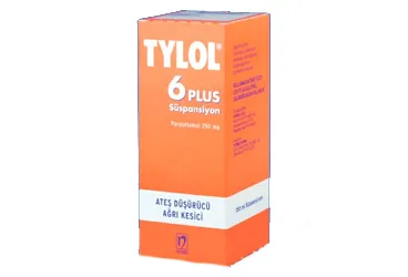 TYLOL 6 PLUS 250 MG / 5 ML 150 ML SUSPANSIYON kutu fotoğrafı, süspansiyon formunda parasetamol içerir. Üretici: NOBEL İLAÇ SAN. VE TİC. A.Ş.