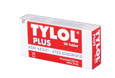 Parasetamol + kafein içeren tablet: TYLOL PLUS 500 MG / 30 MG 20 TABLET kutusu. Üretici: NOBEL İLAÇ SAN. VE TİC. A.Ş.