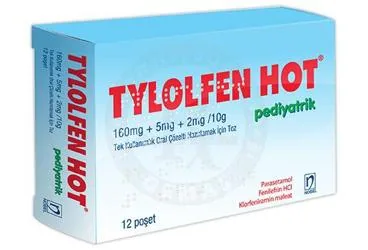 Fenilefrin kombinasyon içeren çözelti: TYLOLFEN HOT PEDIYATRIK 160 MG + 5 MG + 2 MG / 10 G TEK KULLANIMLIK ORAL COZELTI HAZIRLAMAK ICIN TOZ (12 POSET) ürün ambalajı. Üretici: NOBEL İLAÇ SAN. VE TİC. A.Ş.