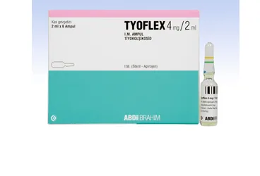TYOFLEX 4 MG/2ML 6 AMPÜL ambalajı. Tiyokolşikosid içeren ampul. Üretici: ABDİ İBRAHİM İLAÇ SANAYİ VE TİCARET A.Ş.