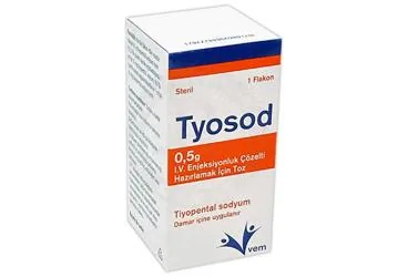 Tiyopental sodyum içeren çözelti: TYOSOD 0,5 G I.V. ENJEKSİYONLUK ÇÖZELTİ HAZIRLAMAK İÇİN TOZ kutusu. Üretici: VEM İLAÇ SAN. VE TİC. ANONİM ŞİRKETİ.