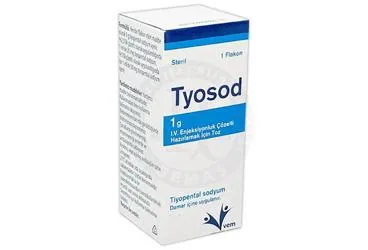 TYOSOD 1 G I.V. ENJEKSİYONLUK ÇÖZELTİ HAZIRLAMAK İÇİN TOZ (tiyopental sodyum) kutu fotoğrafı, çözelti. Üretici: VEM İLAÇ SAN. VE TİC. ANONİM ŞİRKETİ.