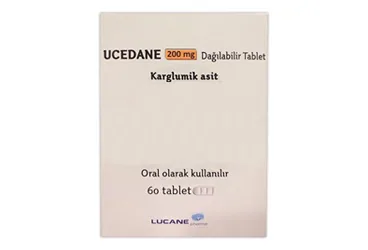 UCEDANE 200 MG DAGILABILIR TABLET (60 TABLET) kutu fotoğrafı, tablet formunda karglumik asit içerir. Üretici: LUCANE PHARMA SAĞLIK HİZMETLERİ LTD.ŞTİ.