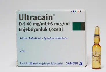 ULTRACAIN DS 2 ML 20 AMPUL kutusu. Artikain + epinefrin içeren ampul. Üretici: SANOFİ SAĞLIK ÜRÜNLERİ LTD. ŞTİ.