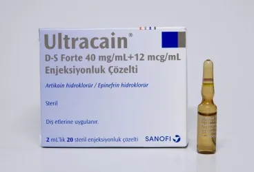 ULTRACAIN DS FORT 2 ML 20 AMPUL (artikain + epinefrin) kutu fotoğrafı, ampul. Üretici: SANOFİ SAĞLIK ÜRÜNLERİ LTD. ŞTİ.