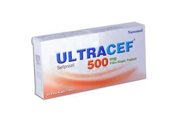 ULTRACEF 500 MG 10 EFERVESAN TABLET ambalajı. Sefprozil içeren efervesan tablet. Üretici: NUVOMED İLAÇ SANAYİ TİCARET A.Ş.