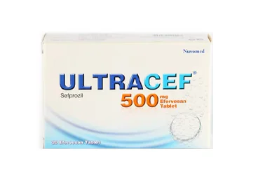 Sefprozil içeren efervesan tablet: ULTRACEF 500 MG 20 EFERVESAN TABLET kutusu. Üretici: NUVOMED İLAÇ SANAYİ TİCARET ANONİM ŞİRKETİ.