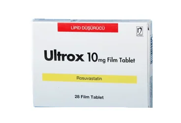 ULTROX 10 MG 28 FİLM TABLET ambalajı. Rosuvastatin içeren film kaplı tablet. Üretici: NOBEL İLAÇ SAN. VE TİC. A.Ş.