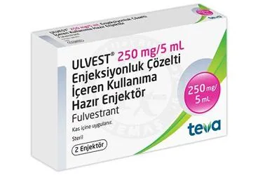 ULVEST 250 MG/5 ML ENJEKSIYONLUK COZELTI ICEREN KULLANIMA HAZIR ENJEKTOR (fulvestrant) kutu fotoğrafı, çözelti. Üretici: TEVA İLAÇLARI SANAYİ VE TİCARET A.Ş.