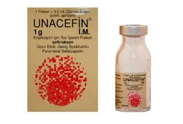 UNACEFIN IM 1 GR 1 FLAKON ürün ambalajı. Seftriakson içeren flakon. Üretici: YAVUZ İLAÇ ECZA DEPOSU MEDİKAL ÜRÜNLER SANAYİ VE TİCARET A.Ş.