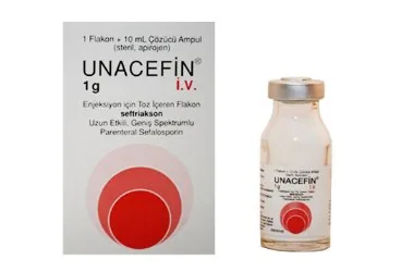 UNACEFIN IV 1 GR 1 FLAKON kutu fotoğrafı, flakon formunda seftriakson içerir. Üretici: YAVUZ İLAÇ ECZA DEPOSU MEDİKAL ÜRÜNLER SANAYİ VE TİCARET A.Ş.