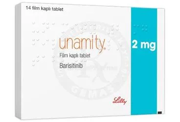 Barisitinib içeren film kaplı tablet: UNAMITY 2 MG FILM KAPLI TABLET (14 TABLET) kutusu. Üretici: LİLLY İLAÇ TİCARET LİMİTED ŞİRKETİ.