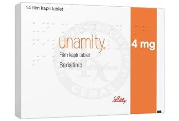 UNAMITY 4 MG FILM KAPLI TABLET (14 TABLET) (barisitinib) kutusu, film kaplı tablet. Üretici: LİLLY İLAÇ TİCARET LİMİTED ŞİRKETİ.