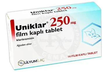 UNIKLAR 250 MG FiLM KAPLI TABLET (14 TABLET) (klaritromisin) kutusu, film kaplı tablet. Üretici: LİLYUM İLAÇ VE KİMYA SANAYİ TİCARET ANONİM ŞİRKETİ.