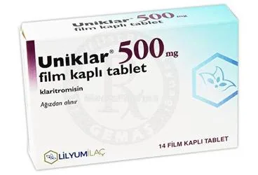 UNIKLAR 500 MG 14 TABLET (klaritromisin) ambalajı, tablet. Üretici: LİLYUM İLAÇ VE KİMYA SANAYİ TİCARET ANONİM ŞİRKETİ.