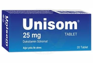 UNISOM 25 MG 20 TABLET ambalajı. Doksilamin suksinat içeren tablet. Üretici: JNTL TURKEY TÜKETİCİ SAĞLIĞI LİMİTED ŞİRKETİ.