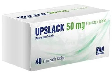 UPSLACK 50 MG FILM KAPLI TABLET (40 TABLET) kutusu, film kaplı tablet formunda pinaveryum bromür içerir. Üretici: BİOFARMA İLAÇ SANAYİ VE TİCARET A.Ş.