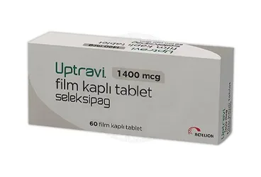 Seleksipag içeren film kaplı tablet: UPTRAVI 1400 MCG 60 FILM KAPLI TABLET kutusu. Üretici: JOHNSON AND JOHNSON SIHHİ MALZEME SANAYİ VE TİCARET LİMİTED ŞİRKETİ.
