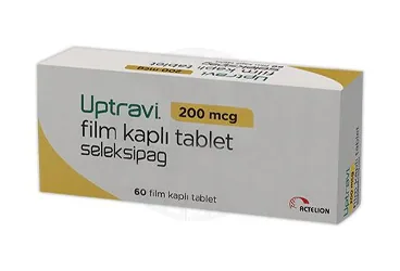 Seleksipag içeren film kaplı tablet: UPTRAVI 200 MCG 140 FILM KAPLI TABLET kutusu. Üretici: JOHNSON AND JOHNSON SIHHİ MALZEME SANAYİ VE TİCARET LİMİTED ŞİRKETİ.