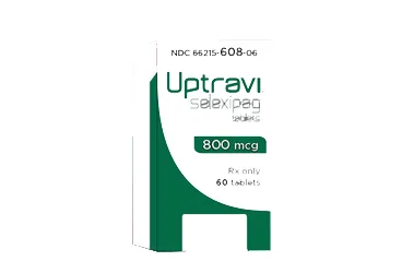 Seleksipag içeren film kaplı tablet: UPTRAVI 800 MCG 60 FILM KAPLI TABLET kutusu. Üretici: JOHNSON AND JOHNSON SIHHİ MALZEME SANAYİ VE TİCARET LİMİTED ŞİRKETİ.
