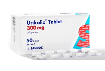 Allopurinol içeren tablet: URIKOLIZ 300 MG 50 TABLET ambalajı. Üretici: SANDOZ İLAÇ SANAYİ VE TİCARET A.Ş.
