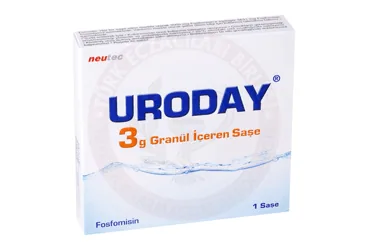 URODAY 3 GR 1 SASE (fosfomisin) ürün ambalajı, saşe. Üretici: NEUTEC İLAÇ SANAYİ TİCARET ANONİM ŞİRKETİ.