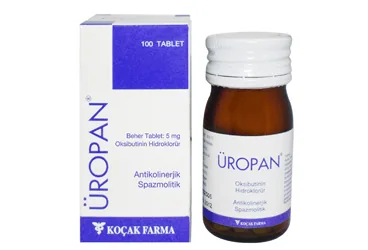 UROPAN 5 MG 100 TABLET kutusu. Oksibutinin hcl içeren tablet. Üretici: KOÇAK FARMA İLAÇ VE KİMYA SANAYİ A.Ş.