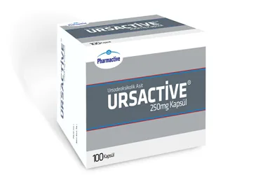 URSACTIVE 250 MG 100 KAPSUL kutusu. Ursodeoksikolik asit içeren kapsül. Üretici: HUMANİS SAĞLIK ANONİM ŞİRKETİ.