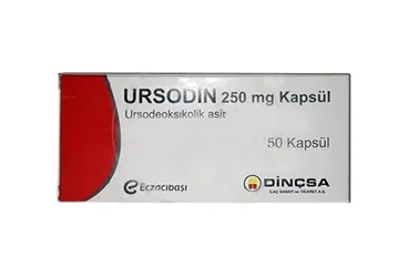 Ursodeoksikolik asit içeren kapsül: URSODIN 250 MG 100 KAPSUL ambalajı. Üretici: DİNÇSA İLAÇ SAN. VE TİC. A.Ş.
