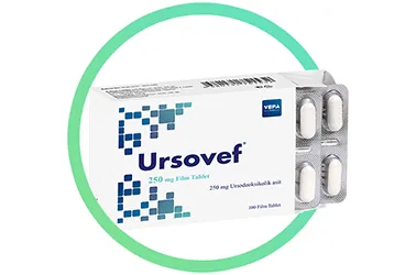 Ursodeoksikolik asit içeren film kaplı tablet: URSOVEF 250 MG 100 FILM KAPLI TABLET ürün ambalajı. Üretici: VEFA İLAÇ SANAYİ VE TİCARET ANONİM ŞİRKETİ.