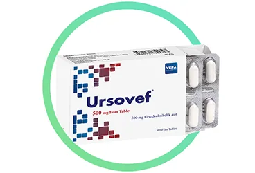 URSOVEF 500 MG 60 FILM KAPLI TABLET ürün ambalajı. Ursodeoksikolik asit içeren film kaplı tablet. Üretici: VEFA İLAÇ SANAYİ VE TİCARET ANONİM ŞİRKETİ.