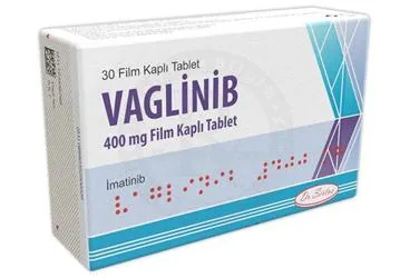 Imatinib içeren film kaplı tablet: VAGLINIB 400 MG FILM KAPLI TABLET (30 TABLET) ürün ambalajı. Üretici: DR. SERTUS İLAÇ SAN. VE TİC. LTD. ŞTİ.