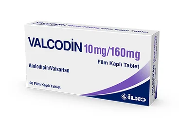 Amlodipin + valsartan içeren film kaplı tablet: VALCODIN 10 MG/160 MG 28 FILM KAPLI TABLET kutu fotoğrafı. Üretici: İLKO İLAÇ SAN. VE TİC. A.Ş.