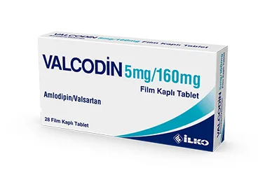 VALCODIN 5 MG/160 MG 28 FILM KAPLI TABLET (amlodipin + valsartan) ürün ambalajı, film kaplı tablet. Üretici: İLKO İLAÇ SAN. VE TİC. A.Ş.